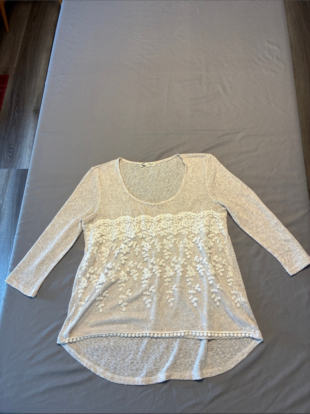 About A Girl Cream Lace Appliqué Long Sleeve Scoop Tee